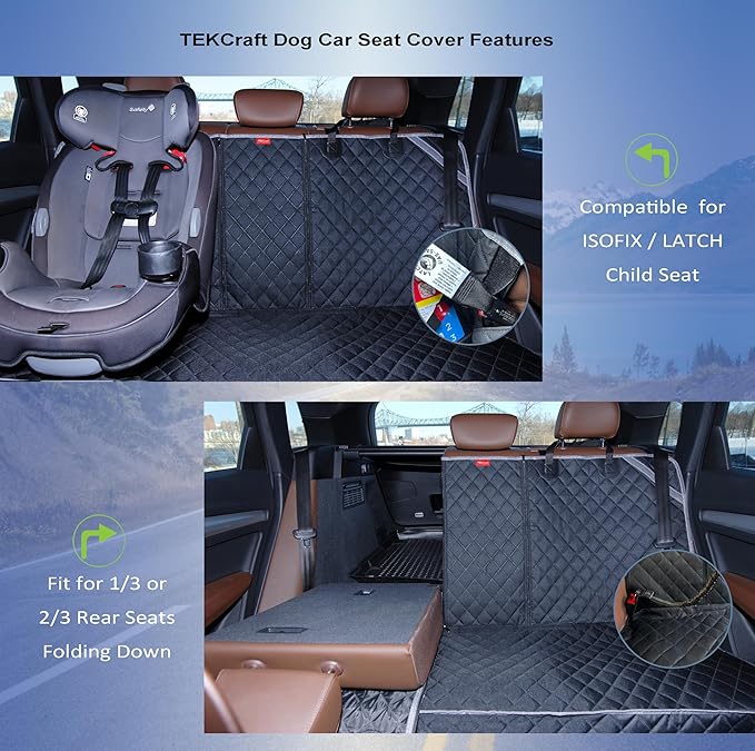 TEKCraft Dog Car Seat Cover Pet Back seat Cover for Dogs Rear Seat Cover Backseat Protector Auto Bench Covers Waterproof Protectors Universal Accessories fit for Cars SUVs Trucks