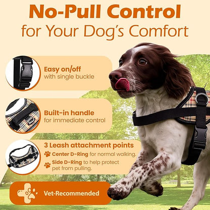 Bark Appeal Tan Plaid No-Pull Dog Harness for Small to Medium Sized Pets – Adjustable, Reflective Vest with 3 Leash Clips for Added Control, Easy Walks & Training – Medium
