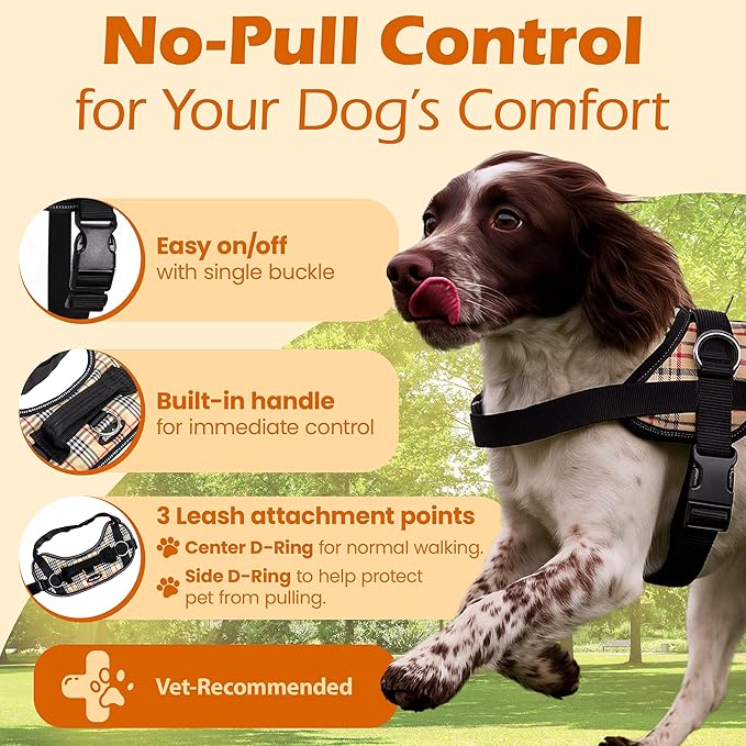 Bark Appeal Tan Plaid No-Pull Dog Harness for Medium to Large Sized Pets – Adjustable, Reflective Vest with 3 Leash Clips for Added Control, Easy Walks & Training – Large