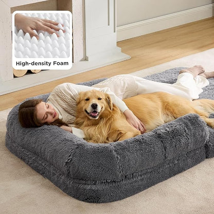 Bedsure Foldable Human Dog Bed - 2 in 1 Flexible Giant Human Dog Bed for Adult People with Supportive Bolster Egg Foam, Waterproof Liner, Calming Fluffy Faux Fur Orthopedic Big Bean Bed, Dark Grey