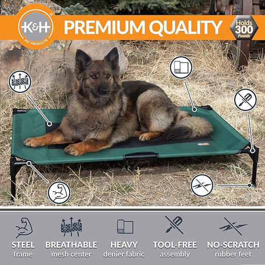 K&H Pet Products Outdoor Elevated Dog Cot, Breathable Cooling Elevated Cot Hammock Pet Bed for XL Dogs, Washable Mesh Cover, Raised Metal Frame, Collapsible, Portable - Extra-Large 50 X 32in Green