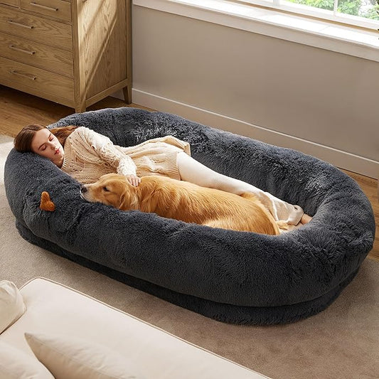 Bedsure Calming Human Dog Bed, 71" x 44" x 12" Giant Human Dog Bed for Adults People Fits Pet Families with Storage Pocket, Fluffy Faux Fur Orthopedic Pet Bean Bed, Dark Grey