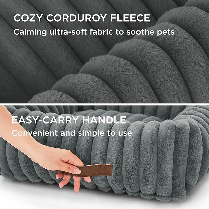 Bedsure ComfyFleece Washable Dog Bed for Medium Dogs - Cute Furry Puppy Beds, Rectangle Orthopedic Corduroy Fleece Pet Beds with Removable Zipper Cover, 30x24x8inches, Warm Grey