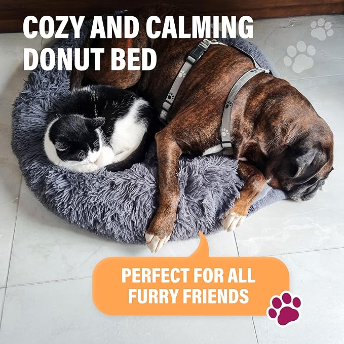 Active Pets Calming Plush Dog Bed Donut Joint Support Anxiety Relief Washable Pet Bed with Removable Cover for Dogs Cats, Large 36", Light Grey