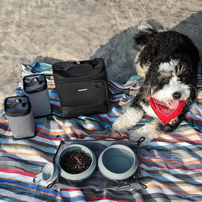 Cleverpup, Large 7-Piece Bistro Box Dog Food Travel Kit, 12-Cup Kibble Storage, 2 Silicone Bowls, Mat & Scoop - Premium Portable Pet Food Kit for Weekends, Overnights, Daycare & Camping, Graphite