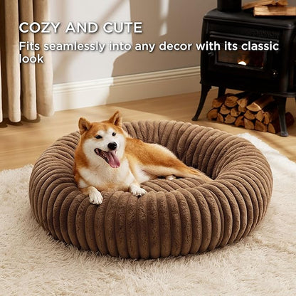 Bedsure ComfyFleece Donut Large Dog Bed - Washable Faux Fur with Corduroy Fleece & Anti Slip Bottom, Round Pet Bed with Removable Cover, Camel Brown, 36x36x8 inches