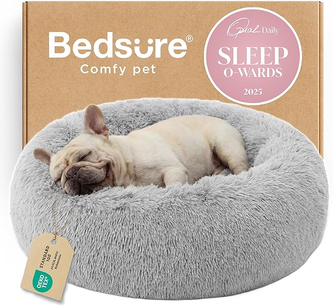 Bedsure Calming Dog Bed for Medium Dogs - Donut Washable Medium Pet Bed, 30 inches Anti-Slip Round Fluffy Plush Faux Fur Cat Bed, Fits up to 45 lbs Pets, Pale Grey