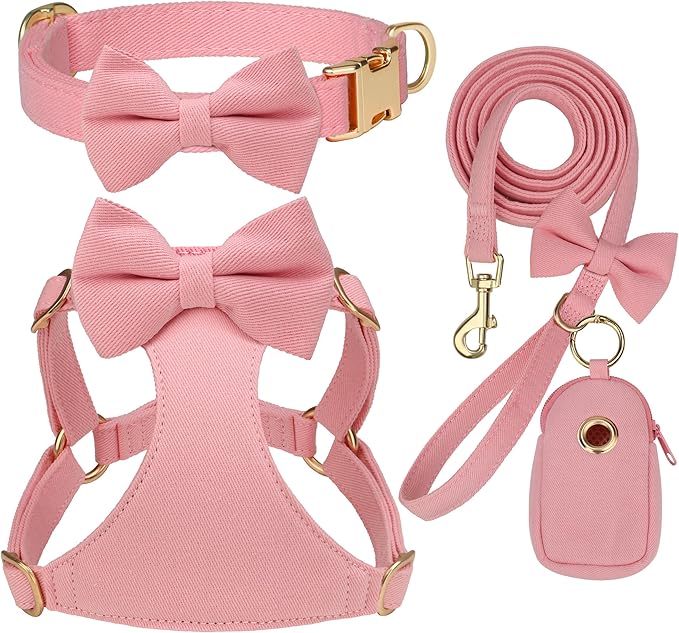 Beirui Adorable Small Dog Harness Collar and Leash Set,Cute Puppy Harness Set with 3 Bows for Small Dogs,Shih Tzu,Dachshund,Adjustable Step-in Vest for Daily Walking,Parties&Holiday Outfits(Pink,S)