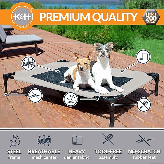 K&H Pet Products Outdoor Elevated Dog Cot, Breathable Cooling Elevated Cot Hammock Pet Bed for Medium Dogs, Washable Mesh Cover, Raised Metal Frame, Collapsible, Portable - Medium 32 X 25in Taupe