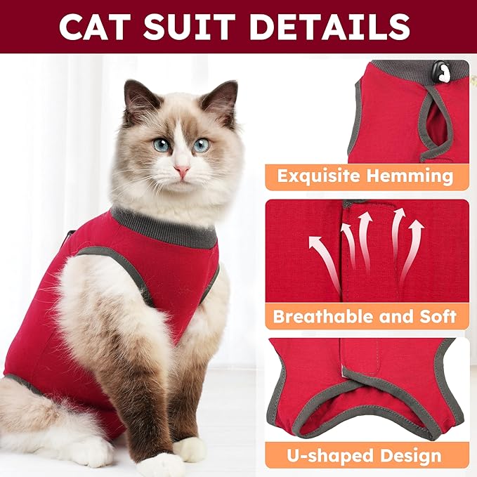 Hpetppy Cat Recovery Suit for Spay Abdominal Wounds, Kitten Onesie Bodysuit for Cats After Surgery, Cat Surgery Recovery Suit Female Cone of Shame Alternative for Cats Anti Licking (Red,M)