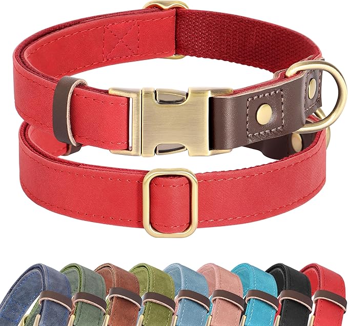 Didog Soft PU Leather Dog Collars for Medium Dogs,Classic Adjustable Dog Collars with Quick Release Metal Buckle,Easy Clean and Comfortable with Nylon Lining,Red,M Neck 14-19"