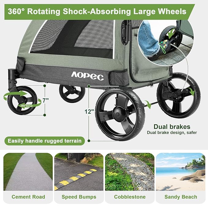 AOPEC Large Dog Stroller - Dual Entry Safety Folding Pet Stroller with Adjustable Handle, All-Terrain 4-Wheel, 160 lbs Weight Capacity for Travel & Outdoor Adventures - Green