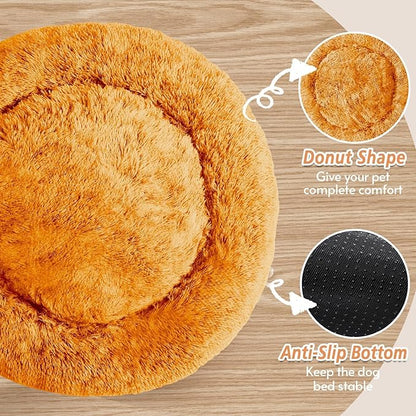 JOLLYVOGUE Calming Dog Bed Medium Size Dog, Anti-Anxiety Donut Medium Pet Bed, 27 inches Fluffy Faux Fur Round Cat Bed (Orange)