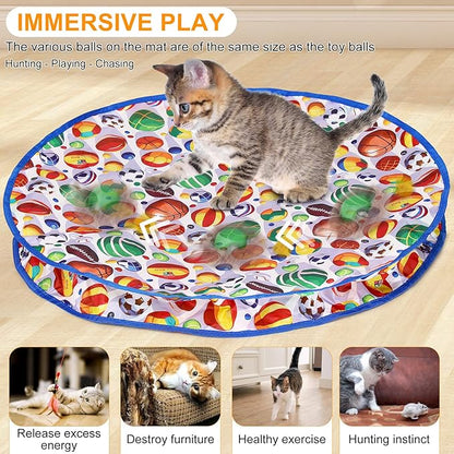 Hoobest Ball Frenzy Cat Mat Interactive with Motion Sensor | Rechargeable Ball with Beep & LED Lights | Engaging Game for Indoor Cats, Reduces Boredom & Encourages Play (Double Layer) (Sport Balls)