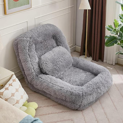 KEIKI 69" Upholstered Human Dog Bed for Adults, Foldable Plush Faux Fur Lazy Sofa Bed with 5 Adjustable Positions and a Pillow, Giant Human Size Dog Bed for People, Light Gray