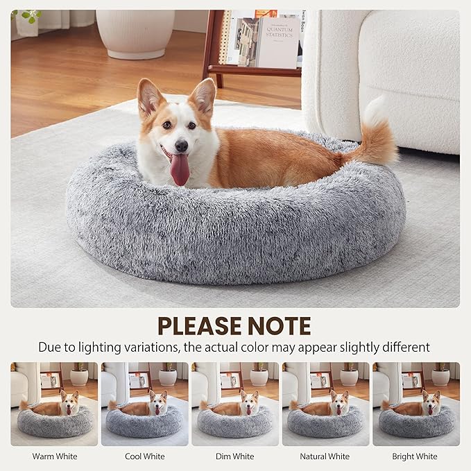 Warmrest Donut Dog Bed Medium Size Dog 30 Inch, Round Cat Beds for Small Medium Dogs and Cats with Washable Fluffy Faux Fur, Cute Comfort Pet Bed with Anti-Slip Bottom, Grey