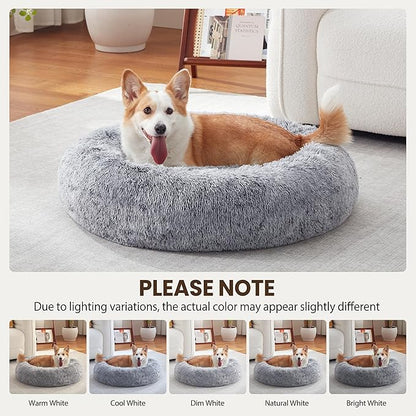 Warmrest Donut Dog Bed Medium Size Dog 30 Inch, Round Cat Beds for Small Medium Dogs and Cats with Washable Fluffy Faux Fur, Cute Comfort Pet Bed with Anti-Slip Bottom, Grey