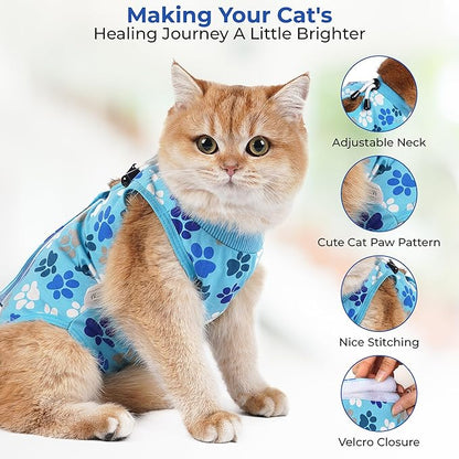 COZYDOODZ Cat Recovery Suit – Soft, Breathable Onesie for Female & Male Pets After Surgery, Spay, Neuter or Wounds, Surgery Outfit, Cone Alternative, Litter Access, Machine Washable, Blue Paw Print