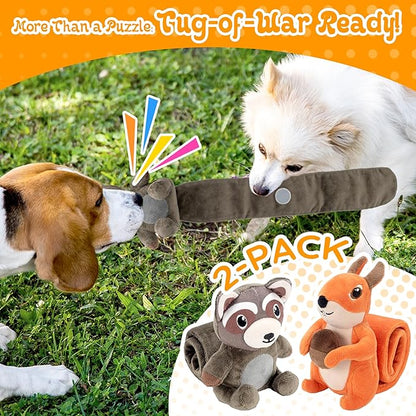 2-Pack Squeaky Dog Toys, Long Crinkle Tail with Treat Dispenser Pockets Plush Interactive Puzzle Toys for IQ Snuffle Foraging Training, Suitable for Small Medium & Large Dogs to Keep Them Busy