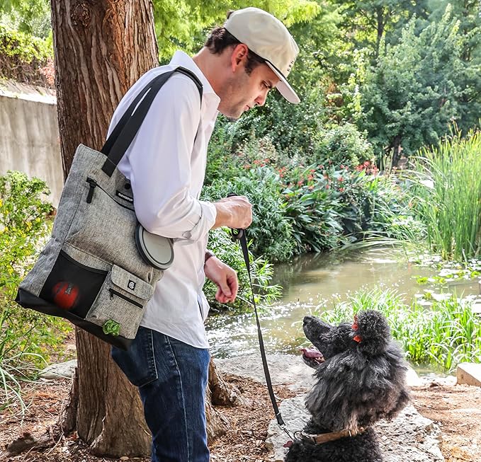 Cleverpup Park Pack 2-Piece Set Dog Gear Tote – Dog Travel Bag with 8 Pockets, Treat Pouch, Poop Bag Dispenser, Quick-Dry Ball Pocket, Collapsible Bowl, Perfect for Walks & Park Trips, Heather Grey