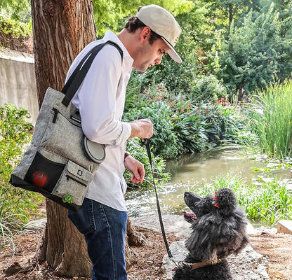 Cleverpup Park Pack 2-Piece Set Dog Gear Tote – Dog Travel Bag with 8 Pockets, Treat Pouch, Poop Bag Dispenser, Quick-Dry Ball Pocket, Collapsible Bowl, Perfect for Walks & Park Trips, Heather Grey