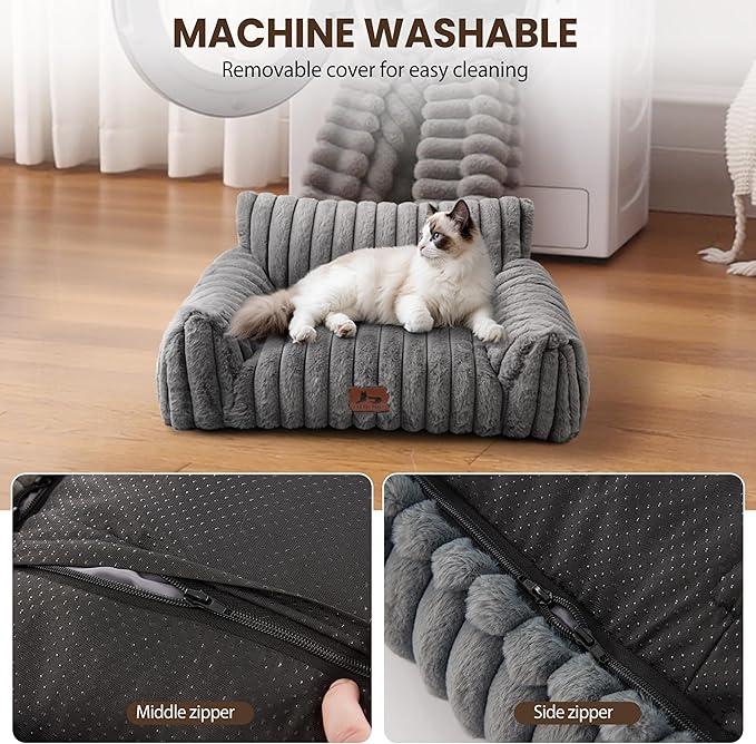 Warmrest Cat Couch for Pets, Cute Cat Bed with Cozy Soft Faux Rabbit Fur for Kitten, Fuzzy Cats Sofa for Indoor Cats, Supportive Pet Sofa with Removable Washable Cover, Light Gray, 24"