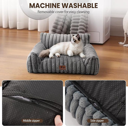 Warmrest Cat Couch for Pets, Cute Cat Bed with Cozy Soft Faux Rabbit Fur for Kitten, Fuzzy Cats Sofa for Indoor Cats, Supportive Pet Sofa with Removable Washable Cover, Light Gray, 24"