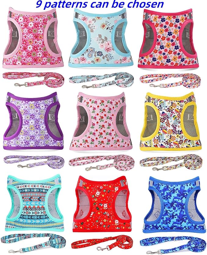 Moonpet Step in Dog Harness Leash Set- All Weather Reflective No-Pull Floral Pattern Padded Mesh Vest Harness for Cats Puppy Extra-Small Small Medium Large Dogs - Purple Flower - XXS