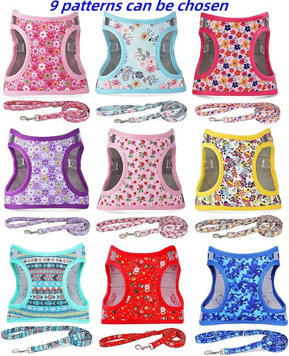 Moonpet Step in Dog Harness Leash Set- All Weather Reflective No-Pull Floral Pattern Padded Mesh Vest Harness for Cats Puppy Extra-Small Small Medium Large Dogs - Purple Flower - XXS