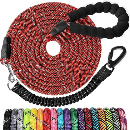 Long Dog Leash 15 FT: Heavy Duty Rope Leashes for Dogs Training with Swivel Lockable Hook Reflective Threads Bungee and Padded Handle - Dog Lead for Large Small Medium Dogs Outside Walking Hiking Red