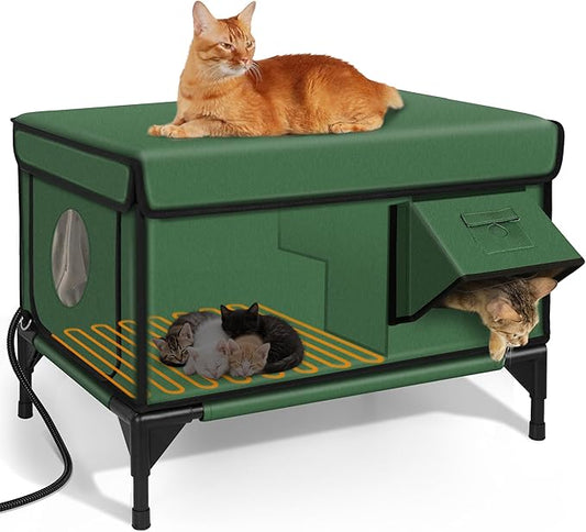 Indestructible Heated Cat House for Outside Winter, 100% Waterproof, Safe Escape Door, Insulated Outdoor Cat Shelter with Heater for Feral Barn Cat Kitty (Green, 27"x17"x18")