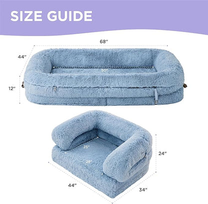 LE SURE Foldable Human Dog Bed - 3 in 1 Flexible Giant Human Dog Bed for Adult People with Supportive Bolster Egg Foam, Waterproof Liner, Calming Fluffy Faux Fur Orthopedic Big Bean Bed, Baby Blue