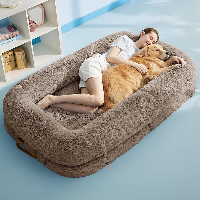 LE SURE Foldable Human Dog Bed - 3 in 1 Flexible Giant Human Dog Bed for Adult People with Supportive Bolster Egg Foam, Waterproof Liner, Calming Fluffy Faux Fur Orthopedic Big Bean Bed, Taupe