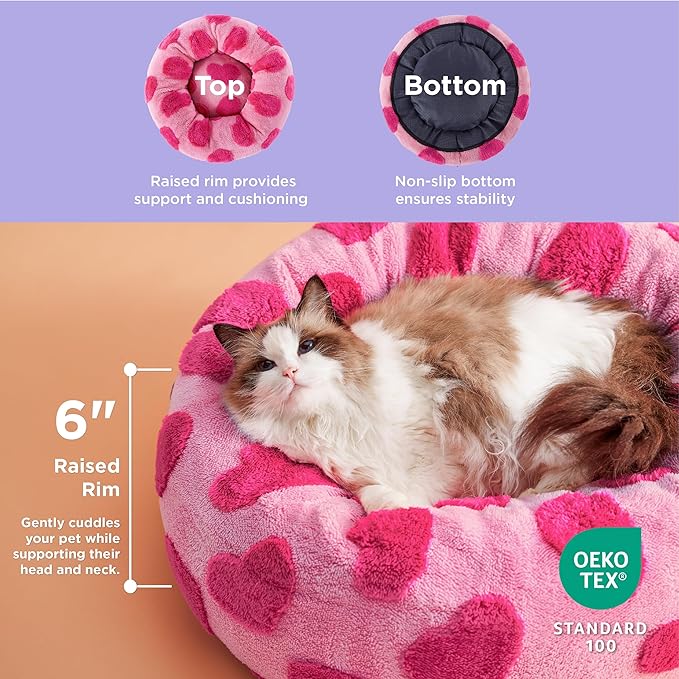 LE SURE Donut Small Dog Bed - Round Cat Beds Indoor Calming Valentine's Day Gift for Pets, Washable Cute Modern Home Decor Beds with Jacquard Shaggy Plush & Anti Slip Bottom, 20 Inch, Lover Hearts