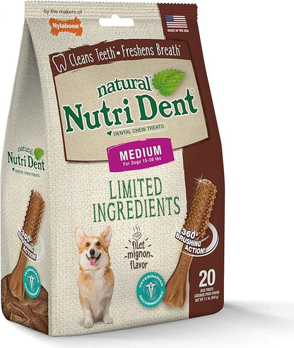 Nylabone Nutri Dent Dog Dental Chews - Natural Dog Teeth Cleaning & Breath Freshener - Dental Treats for Dogs - Filet Mignon Flavor, Medium (20 Count)