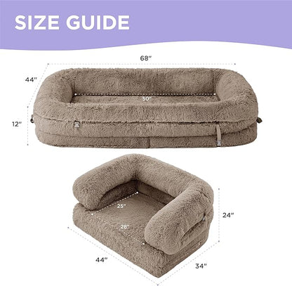 LE SURE Foldable Human Dog Bed - 3 in 1 Flexible Giant Human Dog Bed for Adult People with Supportive Bolster Egg Foam, Waterproof Liner, Calming Fluffy Faux Fur Orthopedic Big Bean Bed, Taupe