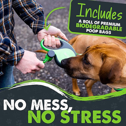 Mighty Paw Retractable Leash with Built-in Poop Bag Holder | 16' Long Retractable Dog Leash for Small Dogs, Medium Breeds & Large Pets with Tape for Quick Control. Poop Bags Included