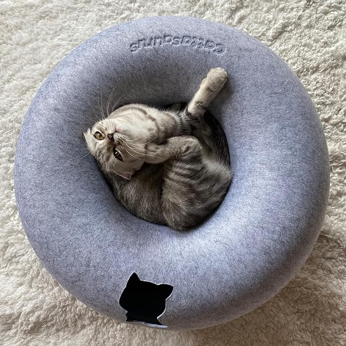 Cattasaurus Peekaboo Cat Cave Donut for Multiple & Large Cats up to 30-45 lbs, 3-in-1 Self Warming Cat Bed, Tunnel & Scratcher for Indoor Cats, Washable & Detachable Small Dog Bed (Light Gray, Large)
