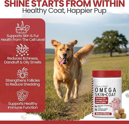 Omega for Dogs - 180 Delicious Soft Chews - Salmon Oil Treats for Skin and Coat, Itch Relief - Fish Oil Blend of Essential Fatty Acids, Omega 3, 6, and 9, and Vitamins - Smoked Bacon Flavor