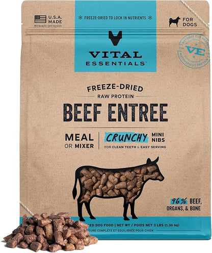 Vital Essentials Freeze-Dried Raw Dog Food, Beef Crunchy Mini Nibs | Complete Meal or Mixer | High Protein Dog Food | 3 lb Big Bag
