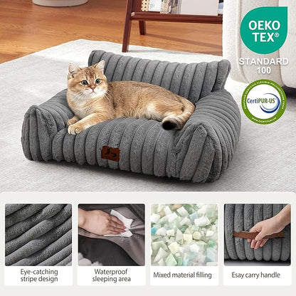 Warmrest Cat Couch for Pets, Cute Cat Bed with Cozy Soft Faux Rabbit Fur for Kitten, Fuzzy Cats Sofa for Indoor Cats, Supportive Pet Sofa with Removable Washable Cover, Light Gray, 24"