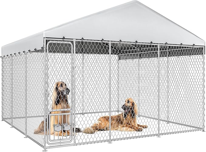 YITAHOME Outdoor Dog Kennel with Rotating Feeder Bowls & UV-Resistant Waterproof Cover, 14.8×14.8×7.9FT Outside Dog Enclosure for Yard, Heavy Duty Dogs Cage for Medium Large Dogs