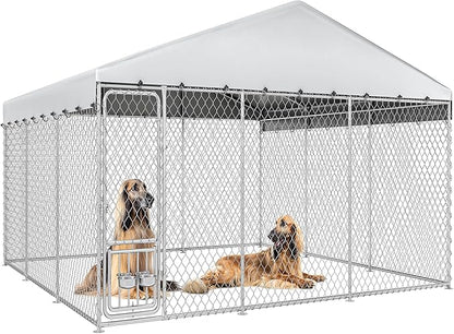 YITAHOME Outdoor Dog Kennel with Rotating Feeder Bowls & UV-Resistant Waterproof Cover, 14.8×14.8×7.9FT Outside Dog Enclosure for Yard, Heavy Duty Dogs Cage for Medium Large Dogs