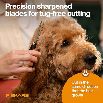 Fiskars Pet, Dog & Cat Grooming Scissors, Precision Stainless Steel Blades & SoftGrip Handle, Cat and Dog Supplies, Orange/Black, Trimming Scissors