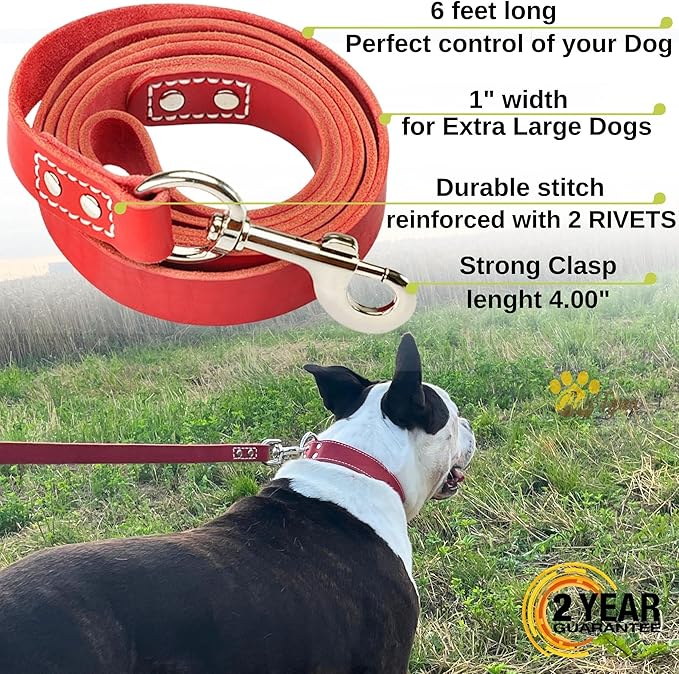 ADITYNA Heavy Duty Leather Dog Leash 6 ft x 1" - Strong, Soft Training Lead for Large & Extra Large Breeds (Red, XL - 6 ft x 1 inch)