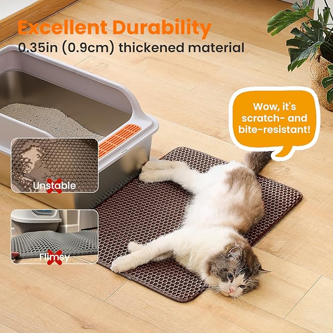 Petinstinct Cat Litter Mat, 24x18 Inches Large Double Layer Honeycomb Cat Litter Trapping Mat, Non Slip Waterproof Urine Proof Cat Litter Box Mat for Floor, Kitty Litter Rug, Cat Supplies, Brown