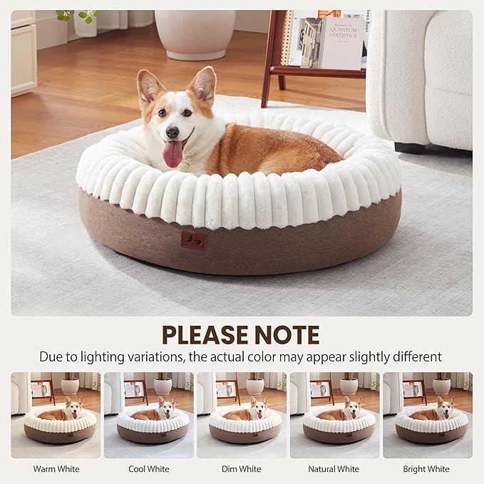 Warmrest Donut Dog Bed Medium Size Dog 30 Inch, Round Cat Beds for Small Medium Dogs and Cats with Washable Fluffy Faux Fur, Cute Comfort Pet Bed with Anti-Slip Bottom, Cream