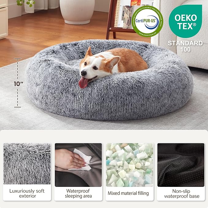 Warmrest Donut Dog Bed Medium Size Dog 36 Inch, Round Cat Beds for Small Medium Dogs and Cats with Washable Fluffy Faux Fur, Cute Comfort Pet Bed with Anti-Slip Bottom, Grey