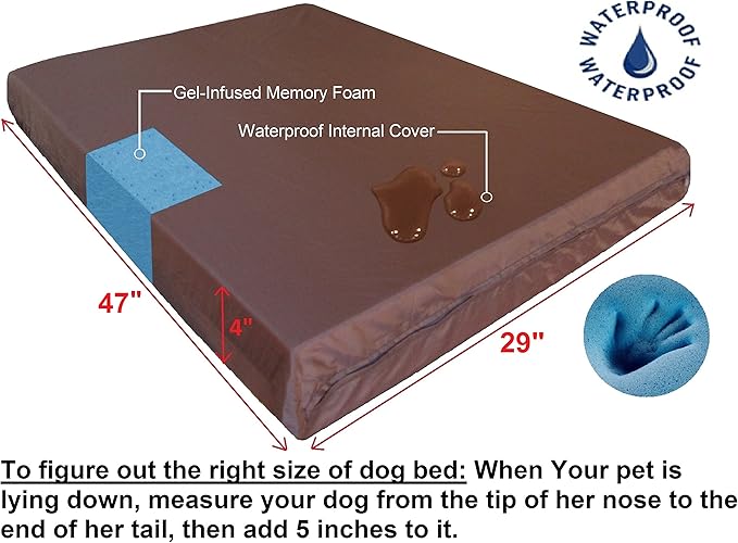 Dogbed4less Extra Large Orthopedic Dog Bed with Human Grade Gel Infused Memory Foam and Waterproof Liner, Durable Microsuede Brown Cover, 47X29X4 Inch Fit 48X30 XL Crate