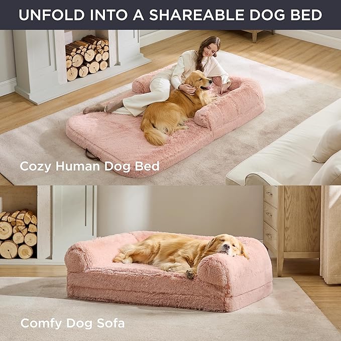 Bedsure Foldable Human Dog Bed for People Adults, 2 in 1 Calming Human Size Giant Dog Bed Fits Pet Families with Egg Foam Supportive Mat and Waterproof Liner, Faux Fur Orthopedic Pet Sofa, Pink